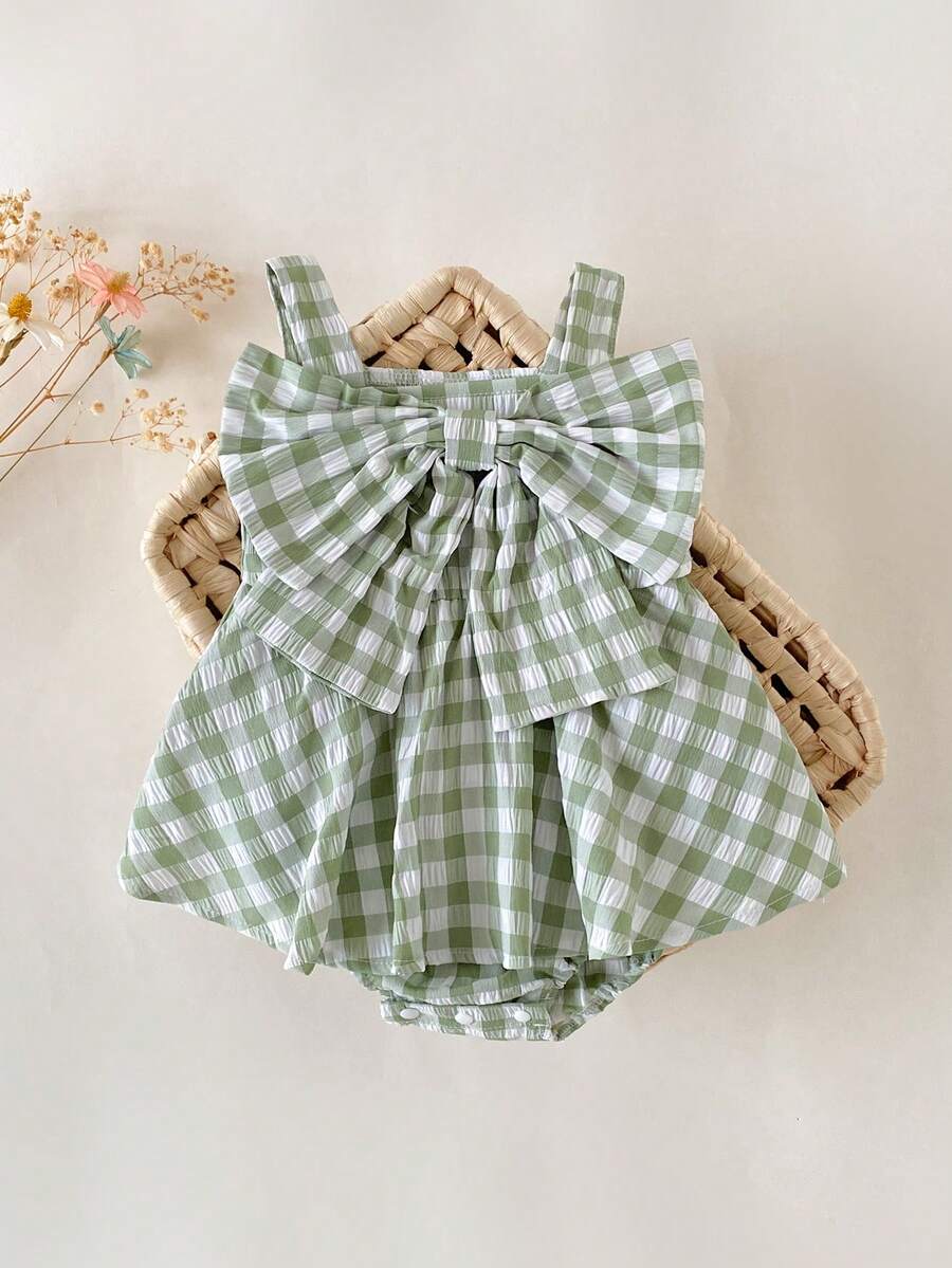 SHEIN 女婴休闲可爱汽车蝴蝶肩带蓝色条纹连体衣，夏季 - 綠色 - 查看 1