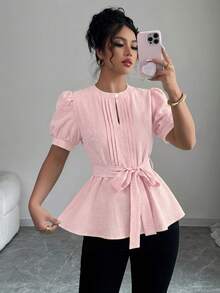Elenzga 女士时尚优雅春季休闲纯色腰带花瓣袖衬衫 - 淺粉色 - 查看 4