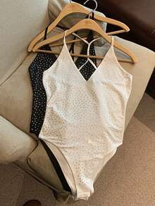 Resyla 2pcs/Set Sexy Rhinestone Decor Women's Camisole Bodysuit, Summer - Black and White - View 1