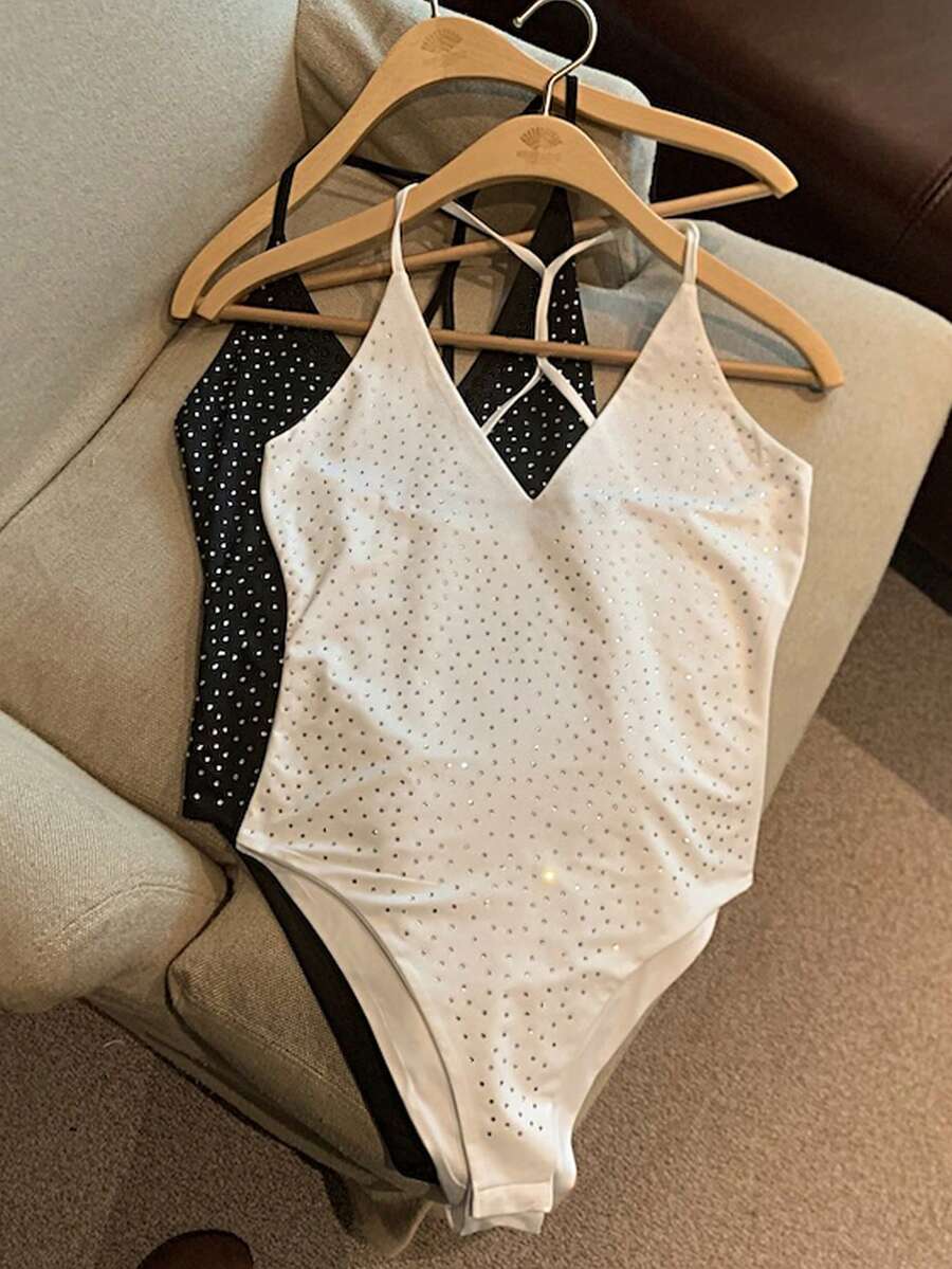 Resyla 2pcs/Set Sexy Rhinestone Decor Women's Camisole Bodysuit, Summer - Black and White - View 1