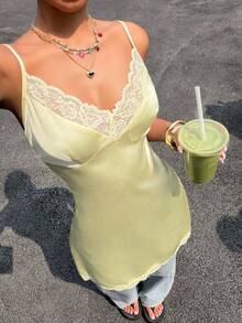 Muchica 女士撞色蕾丝性感吊带迷你连衣裙 - 淡黃色 - 查看 4