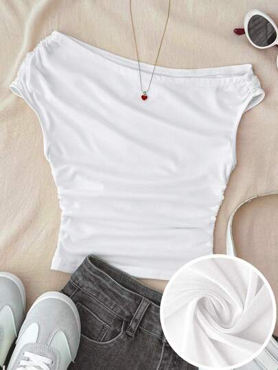 SHEIN 少女白色网纱休闲简约波点印花不对称褶皱露脐上衣，适合春夏穿着，休闲百搭，可打造个性造型，日常穿着