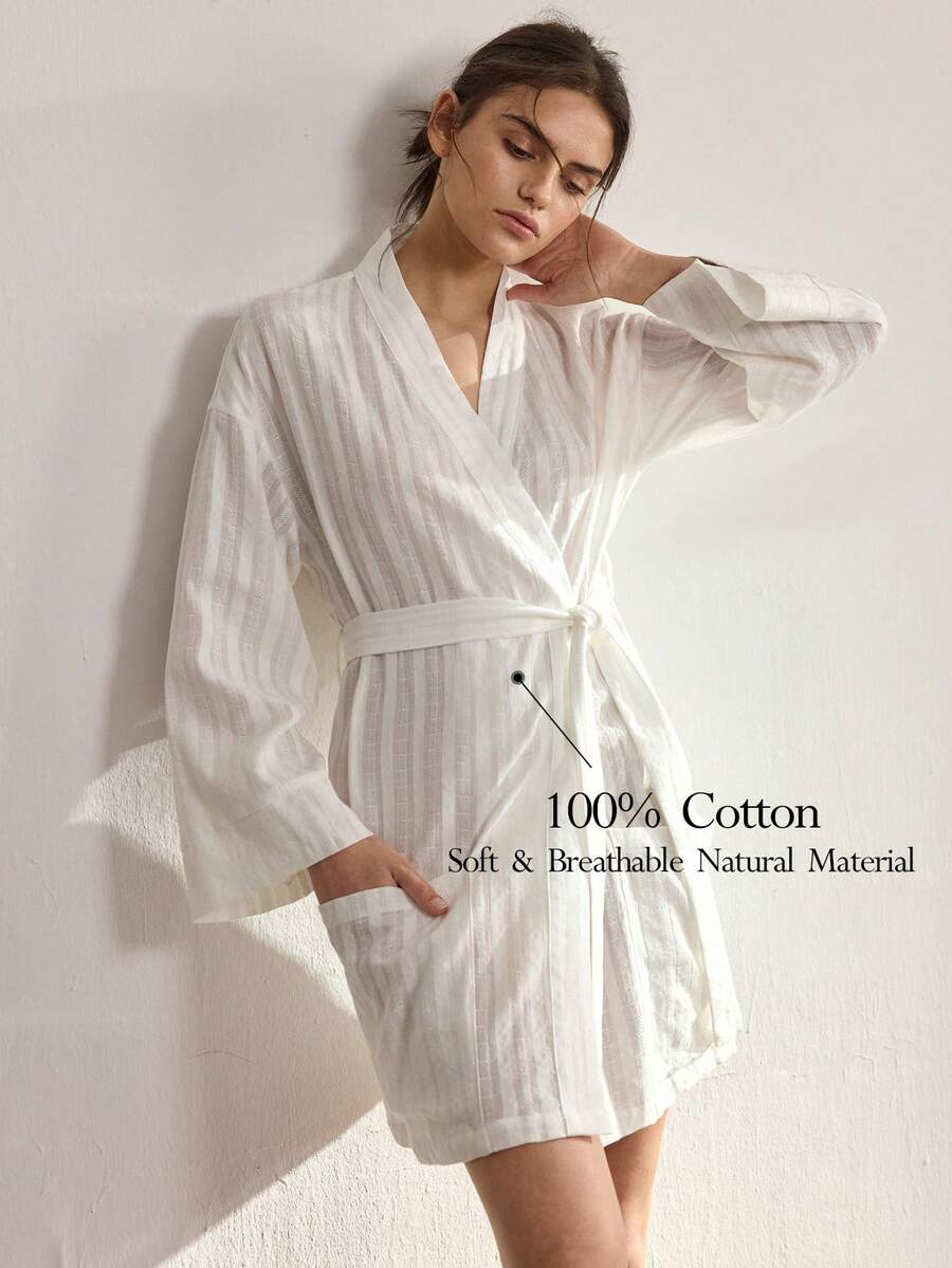 Ocili Women's Solid Color Robe With Belt, Sleepwear - White - View 1