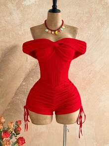 Soleia Women's Red Seksi Chic Holiday Vacation Textured Knit Off-Shoulder Ruched Drawstring Jumpsuit,Boho Beach Cruise Music Festival No Chest Padding - Red - View 7