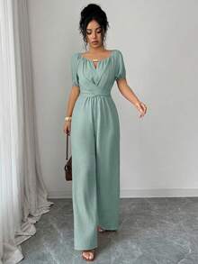 Elegant Women's Wide-Leg Jumpsuit With Round Neck, Long Sleeves, Twisted Waist And Wooden Bead Decoration In Khaki For Everyday Wear - 薄荷綠 - 查看 6