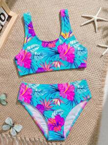 SHEIN 女童碎花泳衣套装 - 藍色 - 查看 4