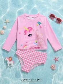 Cozy Pixies 2件套女婴可爱休闲粉色卡通小马图案3D网纱长袖上衣和格子短裤泳衣 - 彩色 - 查看 2