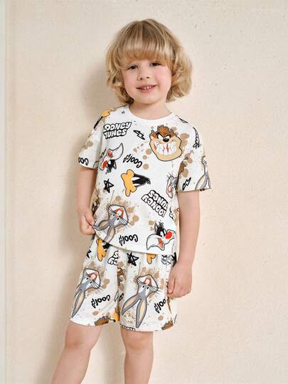 LOONEY TUNES X SHEIN Toddler Boys' Minimalist Graphic Print T-Shirt And Shorts Set