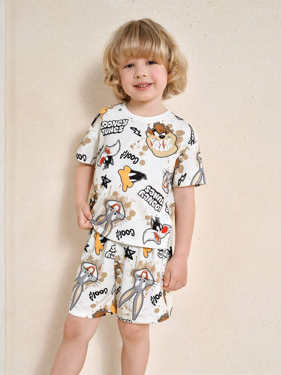 LOONEY TUNES X SHEIN Toddler Boys' Minimalist Graphic Print T-Shirt And Shorts Set - White - View 1
