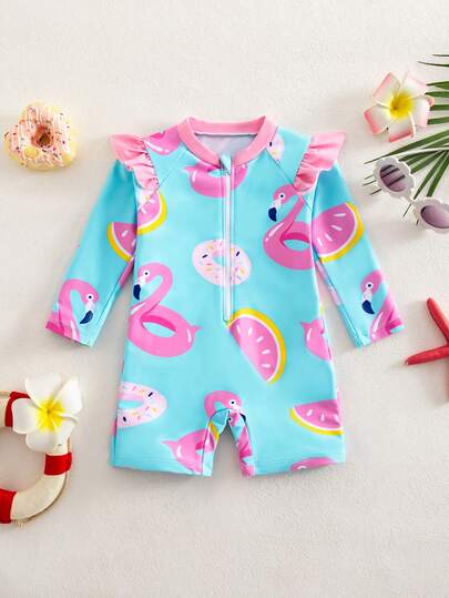 SHEIN Traje de baño de manga larga con estampado colorido para niñas bebé