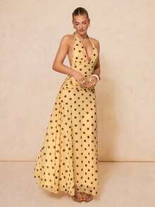 Lumalex 波点柔软舒适网纱垂褶领口褶皱腰身连衣裙，搭配宽松裙摆，适合女性穿着 - 黃色 - 查看 10