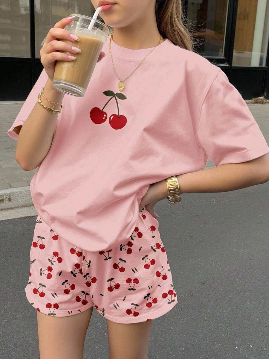 Cute Mini Cherry Print, "Cherry Girl", Fruity Pop, Teen Girl Casual Loose Round Neck Short Sleeve T-Shirt And Shorts 2-Piece Set, Suitable For Spring/Summer, Relaxing Vacations, Beach Weekends, Cute Summer Outfits For, Summer Kids Items, Korean Style, Beach Mode On, Summer Outing Item Cherry Shorts Outfit Cherry Outfits For Women Teen Girl Clothes Summer Sets Women Cherry T Shirt - Multicolor - View 1