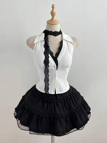 Elamini 女士白色撞色蕾丝V领纽扣收腰修身不对称下摆性感喇叭袖衬衫，欧美夏季风情 - 白色 - 查看 1