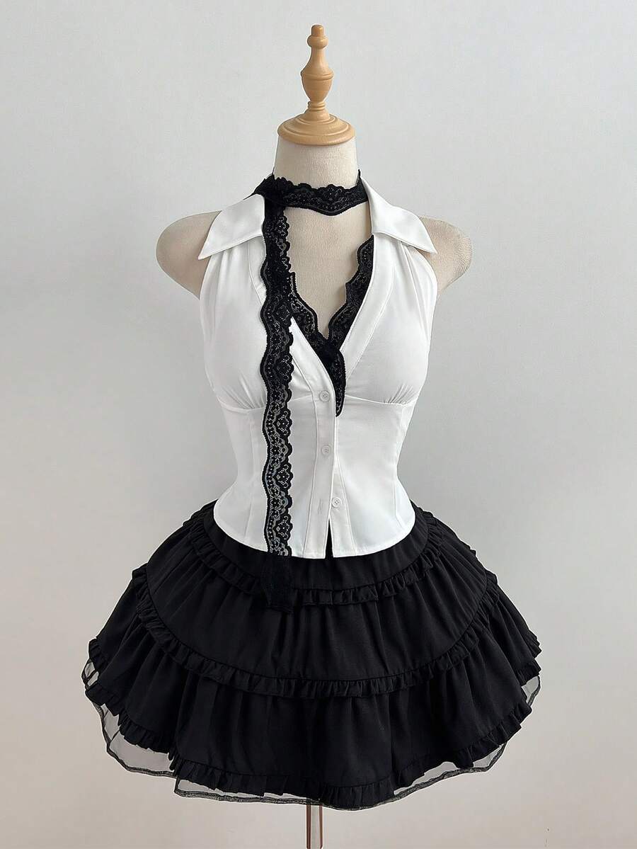 Elamini 女士白色撞色蕾丝V领纽扣收腰修身不对称下摆性感喇叭袖衬衫，欧美夏季风情 - 白色 - 查看 1