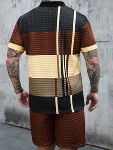 Manfinity Homme 男士撞色短袖Polo衫和短裤休闲通勤套装 - 咖啡棕 - 查看 2