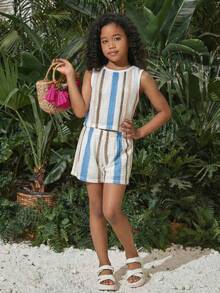 SHEIN Tween Girl Elegant Striped Round Neck Tank Top And Shorts Casual Set - White - View 8
