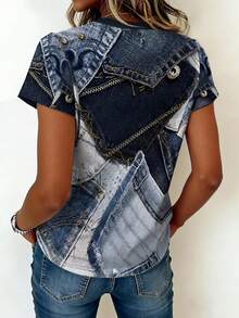 EMERY ROSE Camiseta casual de manga corta con cuello redondo acanalado y estampado de patchwork, talla grande, para primavera y verano - Multicolor - Ver 2