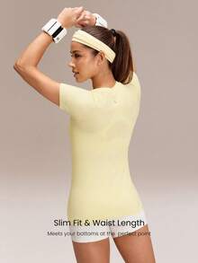 GLOWMODE Áo tập thể dục liền mạch, dáng ôm, tay ngắn, áo thun thể thao tập gym mùa hè - Màu vàng - Xem 3