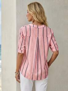 EMERY ROSE Casual Minimalist Loose Notch Neck Three-Quarter Sleeve Women's Blouse Suitable For Summer Going Out Top Cute Summer Top - Pink - View 2