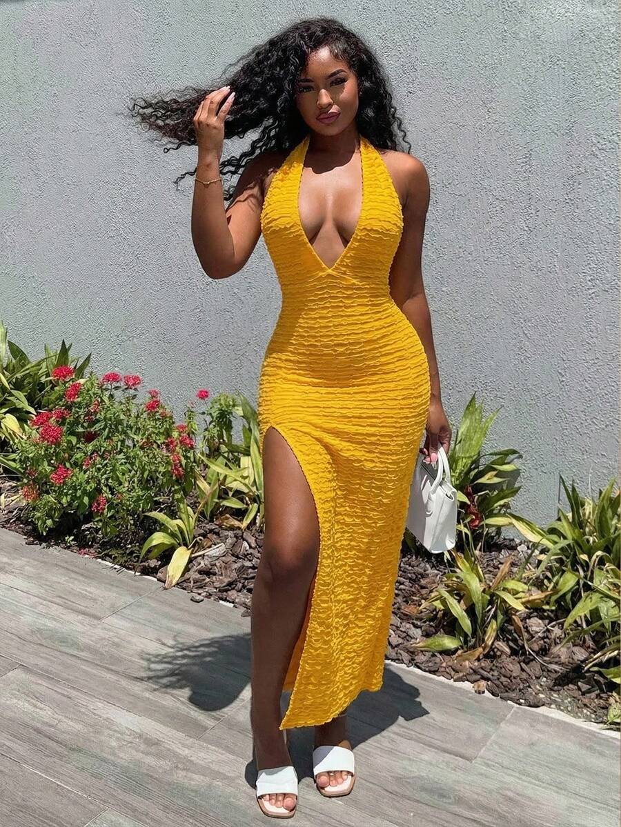 SHEIN BamGlam 2026 Nuevo vestido largo de moda para mujer, escote en V profundo, diseño de abertura alta, tela texturizada, estilo de vacaciones, adecuado para playas y fiestas. - Amarillo - Ver 1