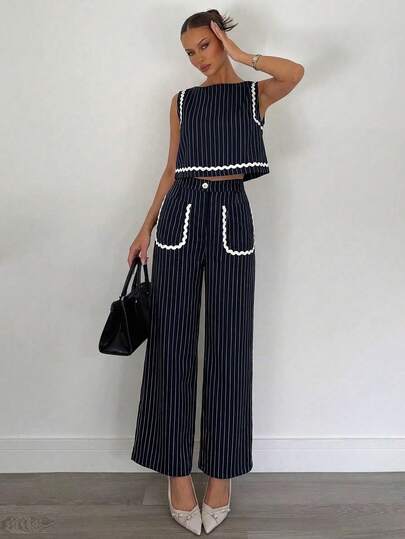 Siren Gaze New Summer European And American Style Elegant Striped Loose Two-Piece Women's Suit: Fashionable Sleeveless Top + High-Waisted Wide-Leg Trousers Set; Stylish And Versatile Retro V-Neck Casual Street Style Set.