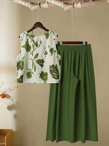 Linhara Plus Size Casual Rund Hals Ärmlös Heltäckande Mönster Sommar Bekväm Linnestruktur 2-delat Set - Grön - Visa 2