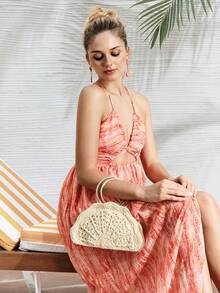 SHECARRY Bolso de mano de mujer tejido de moda, bolso de mano en forma de abanico hueco en beige - Beis - Ver 7