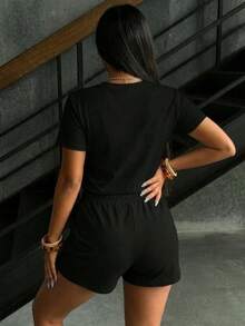 Shorts And T-Shirt With Round Neck, Print - Black - View 2