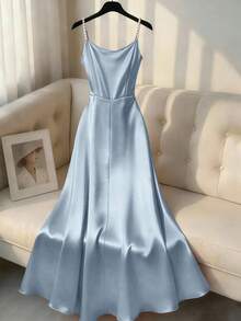 Franclia Nuevo vestido de tirantes finos con decoración de strass, ajuste ceñido para mujer, primavera/verano - Gris azul - Ver 2