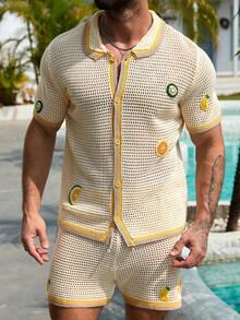 Manfinity RSRT 男士夏季水果装饰撞色滚边短袖镂空针织上衣和短裤套装 - 彩色 - 查看 5