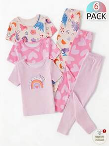 Genkimix Kids 6件套女童短袖修身睡衣套装，饰有蝴蝶结和爱心印花，弹性面料，可机洗，穿着舒适，易于打理（3套单独出售） - 彩色 - 查看 3