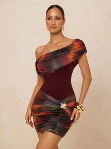 Lumalex 女士扎染印花褶皱修身时尚连衣裙 - 酒紅色 - 查看 6