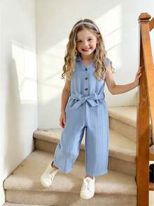 Girls' Casual All-Match Versatile Collared Button-Front Belted Soft Crinkle Denim Look Jumpsuit Pants, Suitable For Autumn, Picnics, Outings, Matching Sets, Daily Wear - Blue - View 3
