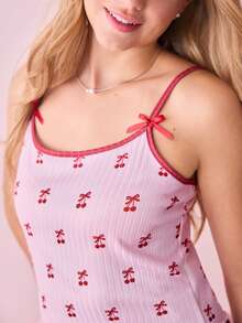 Bonmuse 2pcs Contrast Trim Camisole & Bowknot Cherry Print Women Knit Pajama Set - Multicolor - View 7