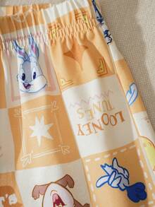 LOONEY TUNES X SHEIN 女婴格子卡通印花圆领上衣和短裤睡衣套装 - 黃色 - 查看 4