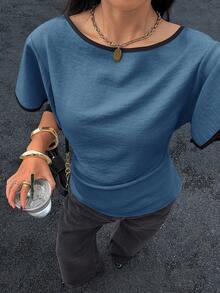 Siren Gaze 女士夏季休闲束腰撞色滚边短袖衬衫 - 霧霾藍 - 查看 4