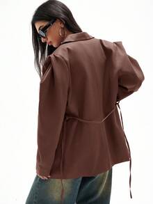 Aveloria GENKIRA Loose Fit Casual Commuter Versatile Extra Wide Shoulder Silhouette Drawstring Decor Solid Color Blazer - Rusty Rose - View 2