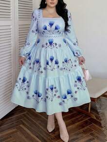 Vibekara 优雅法式方领印花长连衣裙，休闲百搭，适合约会和聚会，粉色，大码 - 藍色 - 查看 1