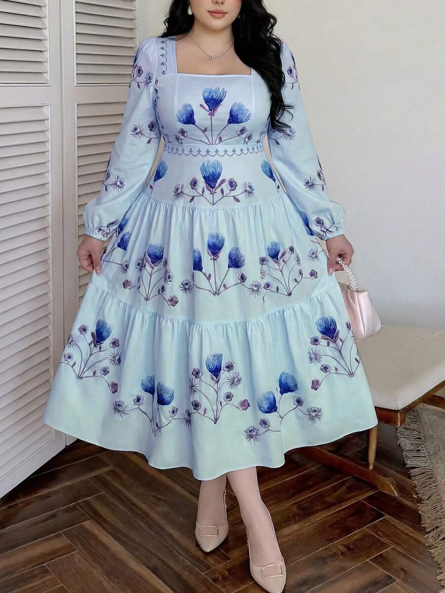 Vibekara 优雅法式方领印花长连衣裙，休闲百搭，适合约会和聚会，粉色，大码 - 藍色 - 查看 1