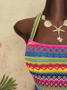 Sunspun Plus Size Spaghetti Strap Sexy Tropical Backless Dress - Multicolor - View 3