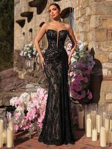 Glamrae 优雅奢华黑色蕾丝刺绣美人鱼鱼尾连衣裙，饰有泡泡珠，弹性面料，适合婚礼、派对、度假、舞会、正式场合（重磅款） - 黑色 - 查看 4