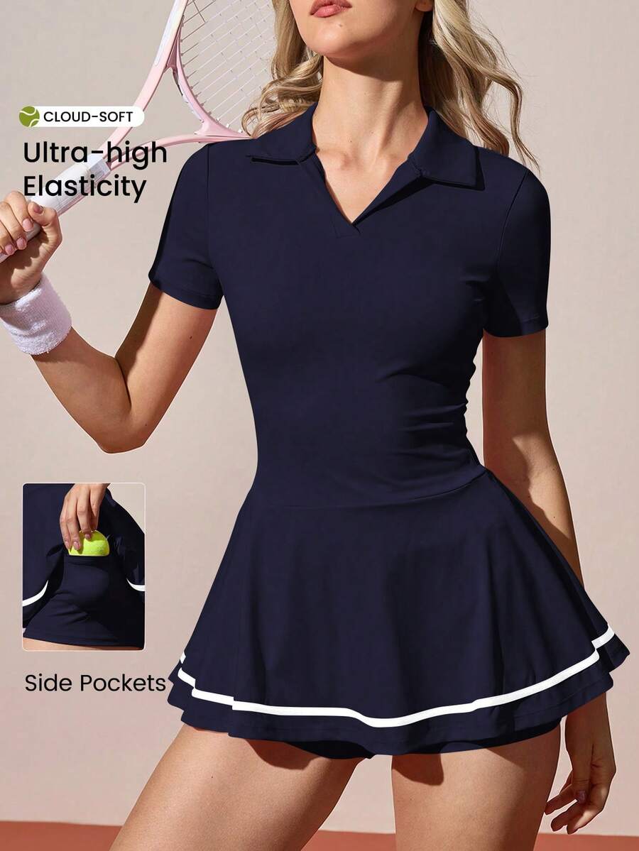 CourtClass CourtClass 休闲荷叶边领半拉链短袖运动连衣裙，女士服装，高尔夫球裙，女士Polo衫，女士网球服，女士服装，女士衬衫，女士Polo衫，常规尺码女装，运动连衣裙，网球裙，女士网球服，休闲运动连衣裙，女士高尔夫球裙，女士运动连衣裙，健身连衣裙