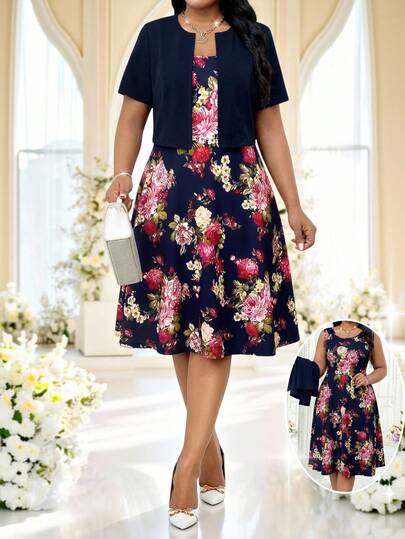 SHEIN Lady Plus Size Women's Solid Color Short Sleeve Cardigan Top And Floral Print Dress Elegant 2-Piece Set Summer Spring Summer Outfits For Women Spring Outfit Plus Size  Casual Dresses For Women Garden Party Dress Plus Plus Size Tea Party Dress Festival Outfits For Women  Floral Dress Casual Floral Dress