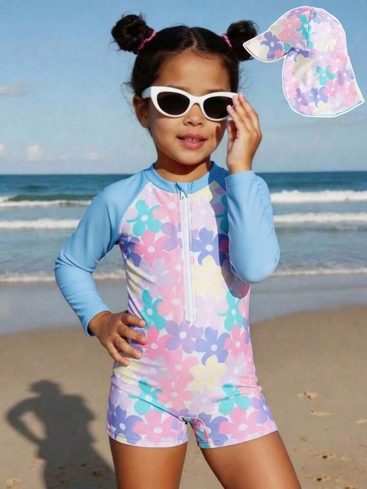 Young Girl Colorful Floral Print Long Sleeve Rash Guard One-Piece Swimsuit With Hood, Cute 2-Piece Set, Suitable For Summer Toddler Swim Wear Rash Guard For Kids Girl Bathing Suits For Toddlers Swimming Suits For Kids Beach Wear For Kids Swim Wear For Kids Young Girl Swim Suit Rashguard - Baby Blue - View 1