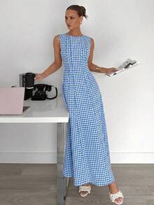 Siren Gaze 夏季新款褶皱无袖A字连衣裙 - 藍色 - 查看 3