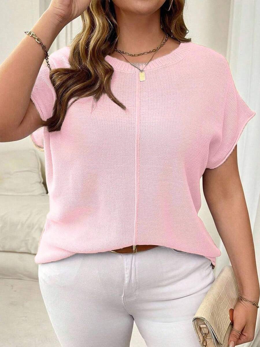 Vionelle 大码纯色极简针织上衣，适合通勤穿着。 - 淺粉色 - 查看 1