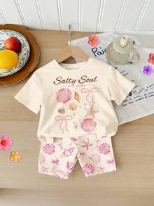 SHEIN 两件套女童米白色“Salty Soul”海星、贝壳、珍珠、蝴蝶结图案短袖圆领T恤和短裤套装，休闲女童装，适合春夏日常穿着、街头风、度假、返校季等场合。 - 彩色 - 查看 3