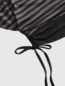 ROMWE J-Fashion 女士复古朋克亚文化不对称肩部宽松黑灰色十字图案装饰复古条纹基础款T恤 - 灰色 - 查看 4