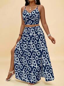 Levarali Plus Size Women All-Over Print Camisole Top And Split Hem Skirt 2 Pieces Set, Fashionable For Party - Blue and White - View 5
