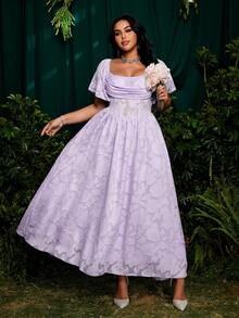 Roveilla Đầm dự tiệc mùa hè dáng xòe, cổ vuông, tay bồng, chất liệu chiffon jacquard, chất liệu thanh lịch, kiểu vintage, dễ thương, phối chân váy xòe. - Màu tím - Xem 3